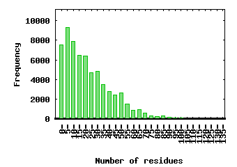 Distribution of the number of residues in the interface (SCOP database)